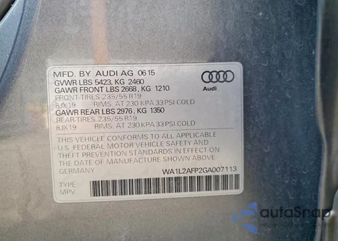 2016 Audi Q5 Premium Plus from USA, damaged, VIN WA1L2AFP2GA007113